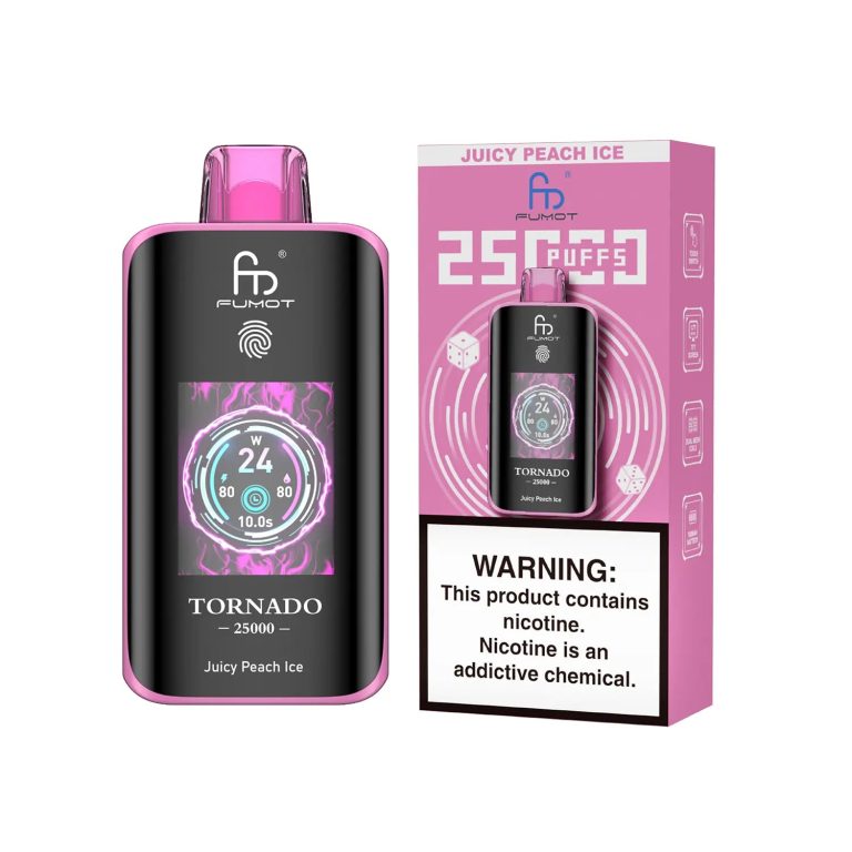 Fumot Tornado 25000 puff disposable vape in Juicy Peach Ice flavor with pink packaging and nicotine warning label