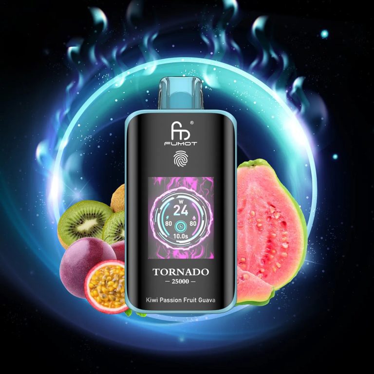 Fumot Tornado 25000 puff vape in Kiwi Passion Fruit Guava flavor with glowing background, surrounded by kiwi, passion fruit, and guava slices