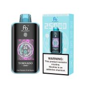 Fumot Tornado 25000 puff disposable vape in Kiwi Passion Fruit Guava flavor with aqua blue packaging and nicotine warning label