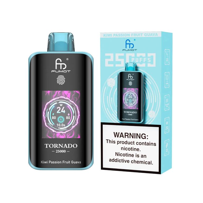 Fumot Tornado 25000 puff disposable vape in Kiwi Passion Fruit Guava flavor with aqua blue packaging and nicotine warning label