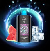 Fumot Tornado 25000 puff vape in Lush Ice flavor with glowing digital screen, surrounded by watermelon slices and ice cubes
