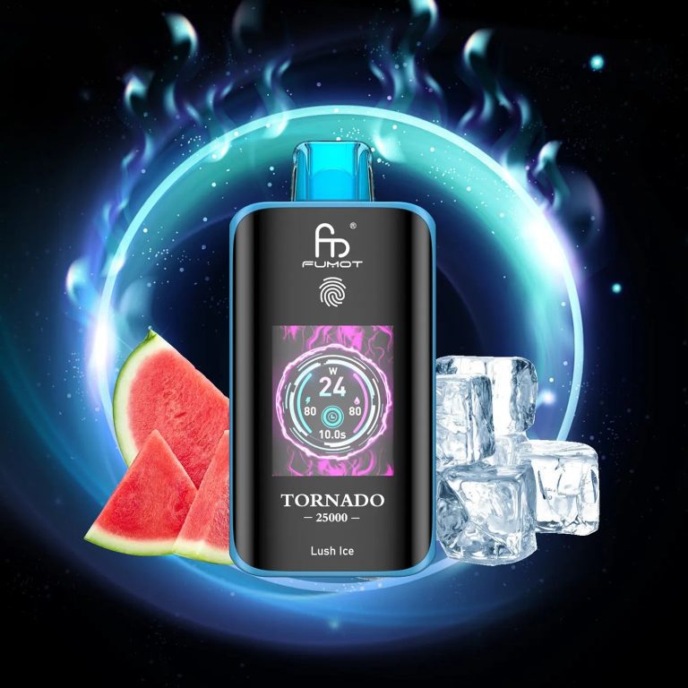 Fumot Tornado 25000 puff vape in Lush Ice flavor with glowing digital screen, surrounded by watermelon slices and ice cubes