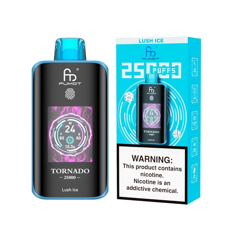 Fumot Tornado 25000 puff disposable vape in Lush Ice flavor with bright blue packaging and nicotine warning label