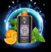 Fumot Tornado 25000 puff vape in Miami Mint flavor with glowing background, surrounded by mint leaves and fresh orange slices