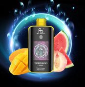 Fumot Tornado 25000 puff vape in Peach Mango Watermelon flavor with digital screen, surrounded by mango slices, watermelon, and peach against a glowing background