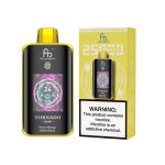 Fumot Tornado 25000 puff disposable vape in Peach Mango Watermelon flavor with bright yellow packaging and nicotine warning label