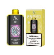 Fumot Tornado 25000 puff disposable vape in Peach Mango Watermelon flavor with bright yellow packaging and nicotine warning label