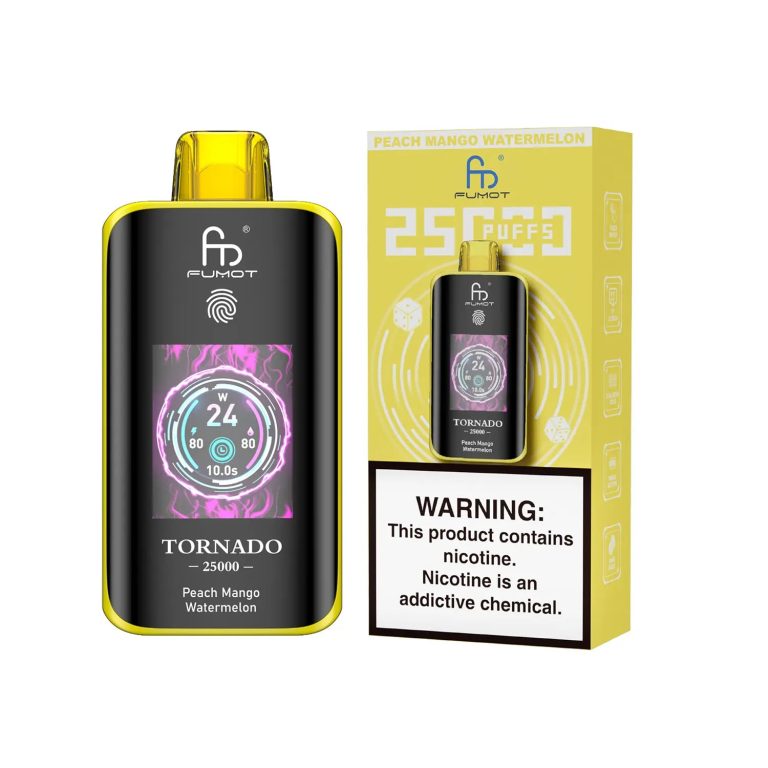 Fumot Tornado 25000 puff disposable vape in Peach Mango Watermelon flavor with bright yellow packaging and nicotine warning label