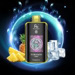 Fumot Tornado 25000 puff vape in Pineapple Ice flavor with glowing digital screen, surrounded by pineapple chunks and ice cubes