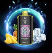 Fumot Tornado 25000 puff vape in Pineapple Ice flavor with glowing digital screen, surrounded by pineapple chunks and ice cubes