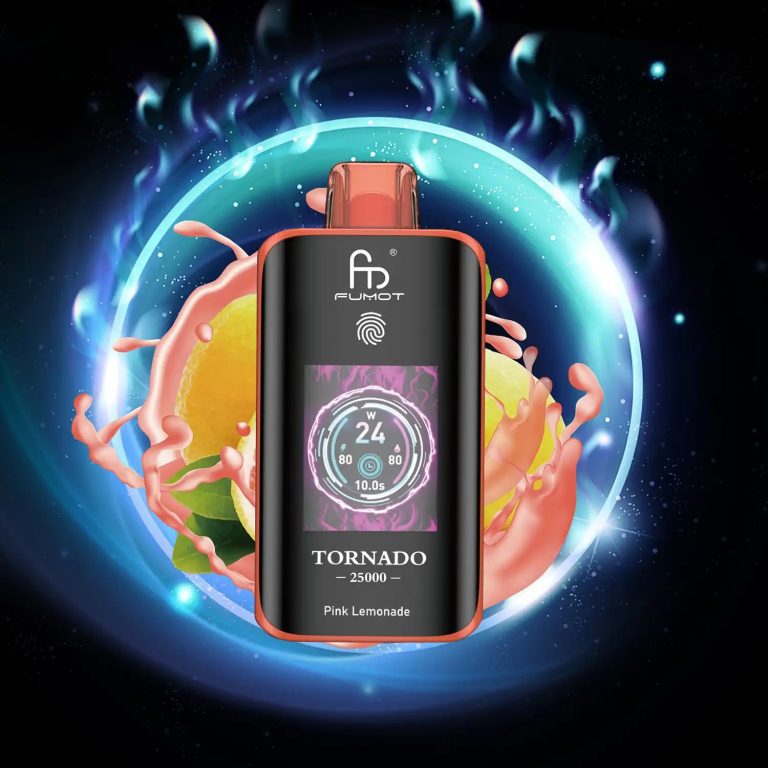 Fumot Tornado 25000 puff vape in Pink Lemonade flavor with a digital screen, surrounded by pink citrus splash and lemon slices