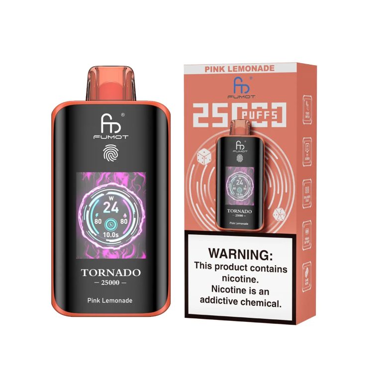 Fumot Tornado 25000 puff disposable vape in Pink Lemonade flavor with coral-colored packaging and nicotine warning label