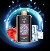 Fumot Tornado 25000 puff vape in Strawberry Ice flavor with digital screen, surrounded by strawberries and ice cubes in a glowing background