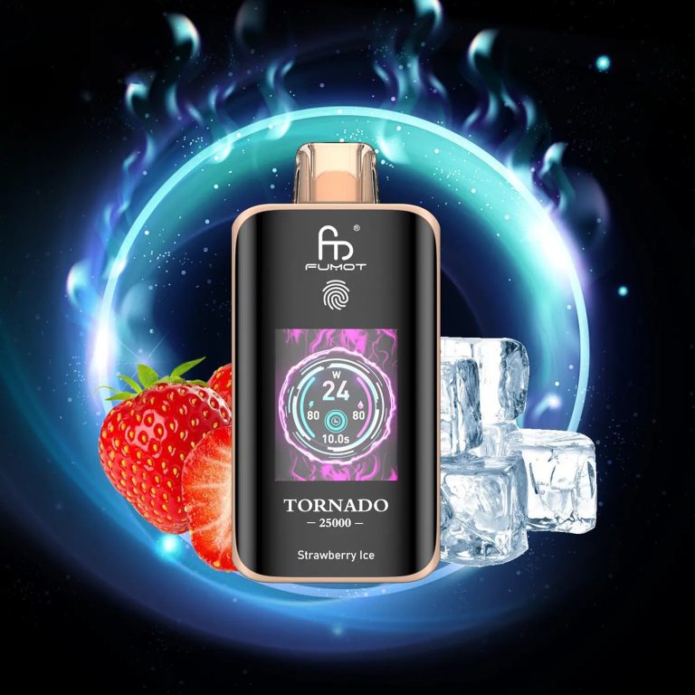 Fumot Tornado 25000 puff vape in Strawberry Ice flavor with digital screen, surrounded by strawberries and ice cubes in a glowing background