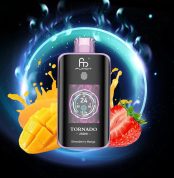 Fumot Tornado 25000 puff vape in Strawberry Mango flavor with digital display, surrounded by ripe strawberries and mango slices on a glowing background