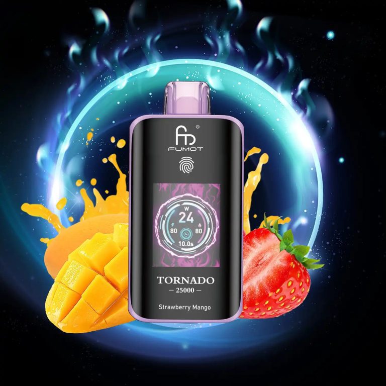 Fumot Tornado 25000 puff vape in Strawberry Mango flavor with digital display, surrounded by ripe strawberries and mango slices on a glowing background