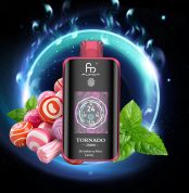 Fumot Tornado 25000 puff vape in Strawberry Mint Candy flavor with a glowing background, surrounded by colorful candies and mint leaves