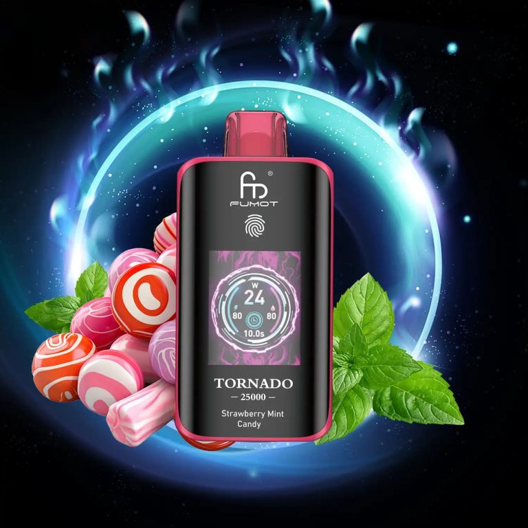 Fumot Tornado 25000 puff vape in Strawberry Mint Candy flavor with a glowing background, surrounded by colorful candies and mint leaves