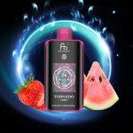 Fumot Tornado 25000 puff vape in Strawberry Watermelon flavor with digital screen, surrounded by ripe strawberries and watermelon slices against a glowing cosmic background