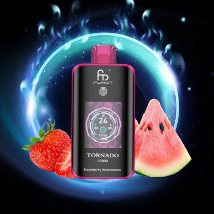 Fumot Tornado 25000 puff vape in Strawberry Watermelon flavor with digital screen, surrounded by ripe strawberries and watermelon slices against a glowing cosmic background