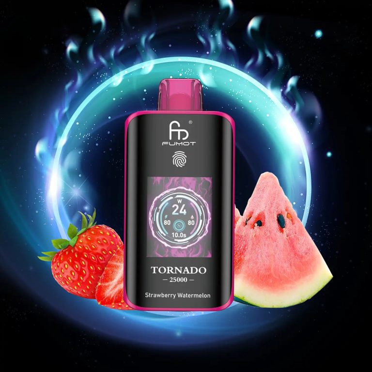 Fumot Tornado 25000 puff vape in Strawberry Watermelon flavor with digital screen, surrounded by ripe strawberries and watermelon slices against a glowing cosmic background