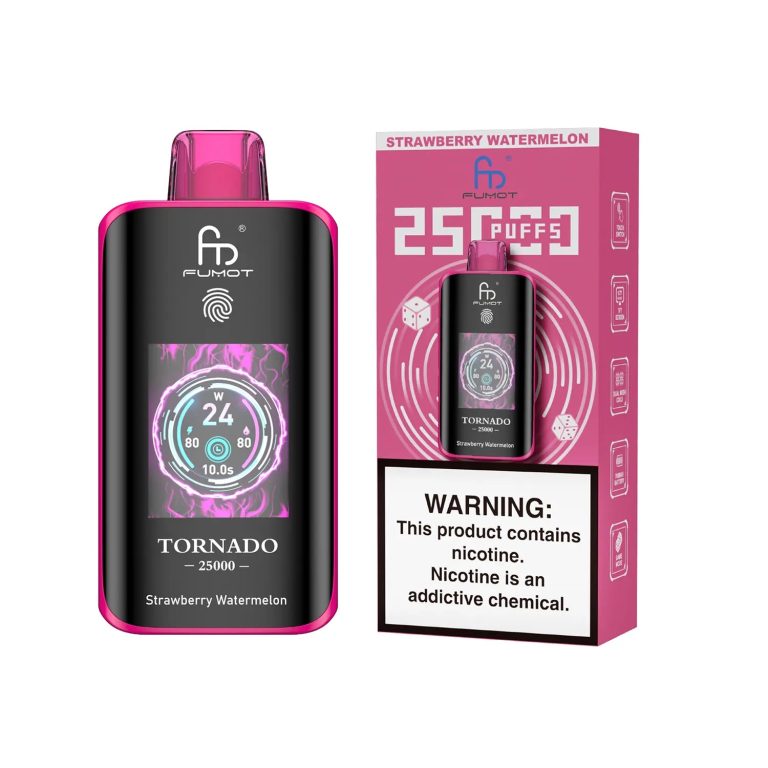 Fumot Tornado 25000 puff disposable vape in Strawberry Watermelon flavor with bold pink packaging and clear nicotine warning