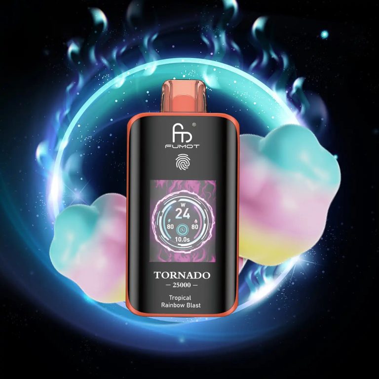 Fumot Tornado 25000 puff vape in Tropical Rainbow Blast flavor with cotton candy visuals and vibrant lighting effects