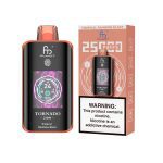 Fumot Tornado 25000 puff disposable vape in Tropical Rainbow Blast flavor with vibrant orange-themed packaging and nicotine warning