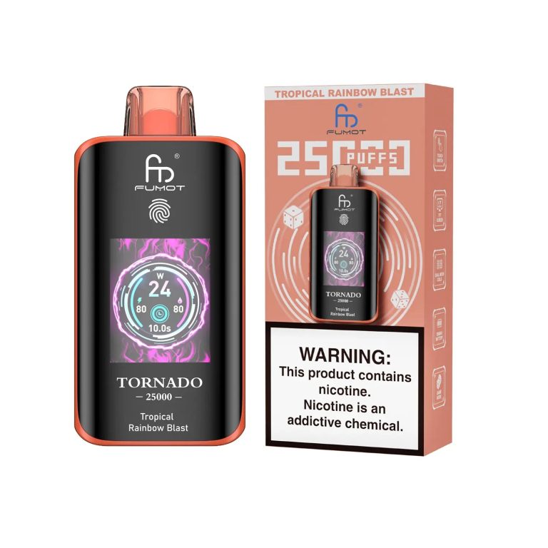 Fumot Tornado 25000 puff disposable vape in Tropical Rainbow Blast flavor with vibrant orange-themed packaging and nicotine warning