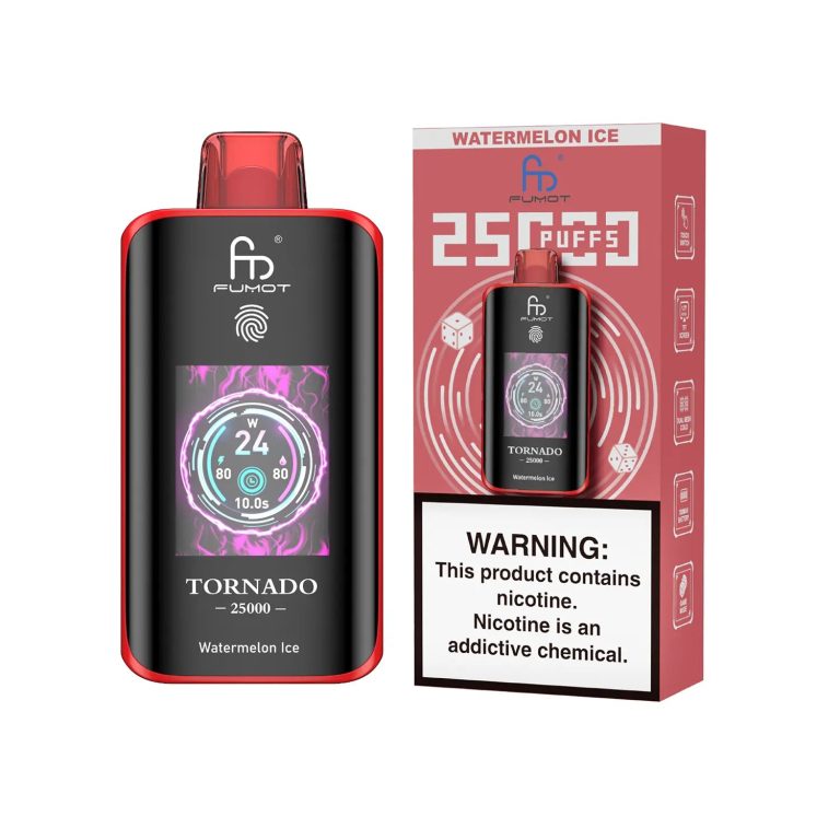 Fumot Tornado 25000 puff disposable vape in Watermelon Ice flavor with red packaging and digital display