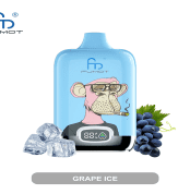 Blue RandM Fumot vape with cartoon ape smoking cigar, ice cubes, and fresh grapes on white background