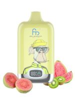 Kiwi and Guava flavored vape featuring a fun monkey design, with fresh guava slices and kiwi fruit.
