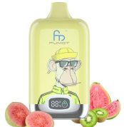 RandM Fumot vape with digital display featuring a cartoon ape in yellow hat and shirt, surrounded by guava and kiwi fruits