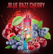 RandM Tornado 15000 Blue Razz Cherry disposable vape with vibrant blueberries and cherries in a splash background