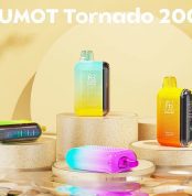 Four FUMOT Tornado 20000 vapes in vibrant gradient colors displayed on round beige podiums with reflective surfaces