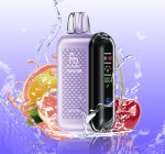 RandM Tornado 20000 vape in pastel purple with Cherry Grapefruit flavor, surrounded by grapefruit slices, cherries, and water splashes