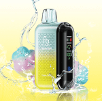 RandM Tornado 20000 vape in pastel yellow and mint green gradient with cotton candy flavor, surrounded by colorful cotton candy and water splashes