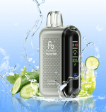 RandM Tornado 20000 vape in a cool silver gradient with cucumber lemonade flavor, surrounded by cucumber slices, mint leaves, lime, and splashing water