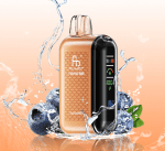 RandM Tornado 20000 disposable vape in a warm tan color with huckleberry flavor, surrounded by fresh huckleberries and splashing water
