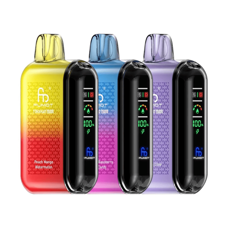 Close-up view of RandM Tornado 20000 disposable vapes in Peach Mango Watermelon, Raspberry Candy, Blue Razz, and Grape Lime flavors