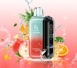 RandM Tornado 20000 disposable vape in green-orange gradient with tropical fruits splash including peach, pineapple, and orange