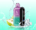 RandM Tornado 20000 vape in a green and purple gradient with icy pear slices and splashing water