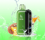RandM Tornado 20000 vape in green with pineapple, coconut, and cocktail elements splashing in water