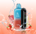 RandM Tornado 20000 vape with strawberry and ice cream splash on a peach background