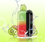 RandM Tornado 20000 vape with strawberry kiwi flavor and water splash on green background
