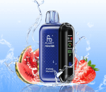 Blue RandM Tornado 20000 vape device with strawberry and watermelon flavor, surrounded by water splash