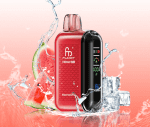 Red RandM Tornado 20000 disposable vape with Watermelon Ice flavor surrounded by splashing water, watermelon slices, and ice cubes