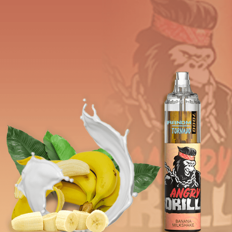 RandM Tornado 7000 vape with Banana Milkshake flavor, featuring bananas, milk splash, and Angry Gorilla branding