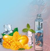 Mango flavored vape with an icy twist, featuring fresh mango chunks, ice cubes, and mint leaves with a colorful, fun character design.