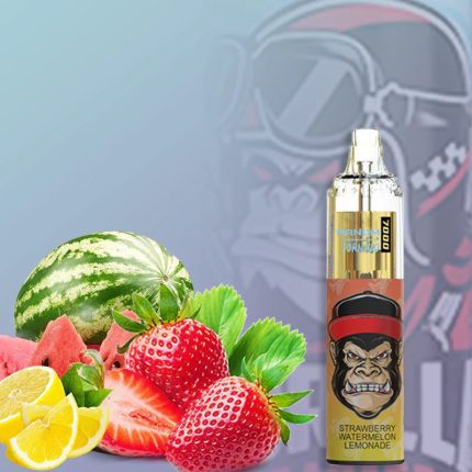 RandM Tornado 7000 disposable vape in Strawberry Watermelon Lemonade flavor with watermelon, strawberries, and lemon slices on a light blue background
